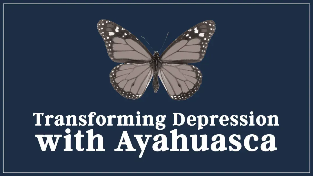 a close up of a butterfly with the words transforming depression with ayahuausaca